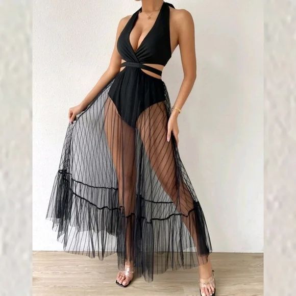 TIE BACKLESS MESH OVERLAY RUFFLE HEM HALTER DRESS WITH BODY SUIT - Picture 2 of 10